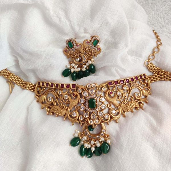 Peacock Style Heavy Cz Work Choker With Green Drops – Posh Jewelery