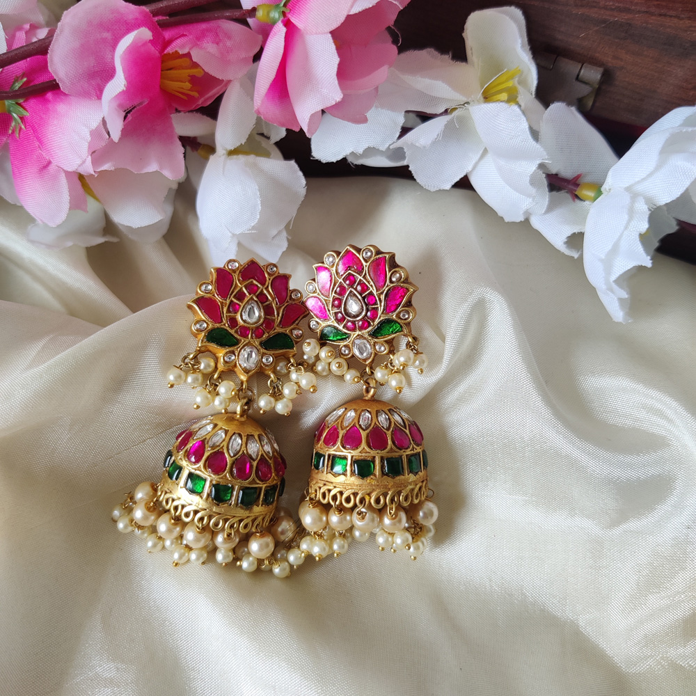 Yellow Gold Ruby Kundan Jhumka Earrings  Krishna Jewellers