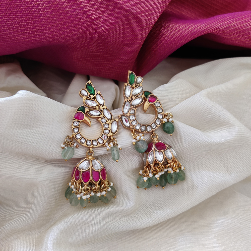Unique Peacock Jadau Kundan Jhumka Earrings With Green Drops – Posh ...