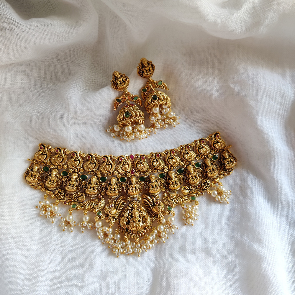 Premium Antique Finish Peacock Lakshmi Devi Necklace