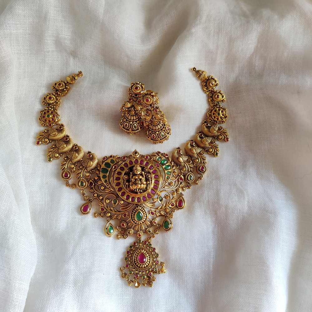 Traditional Lakshmi Pendant Antique Gold Temple Necklace