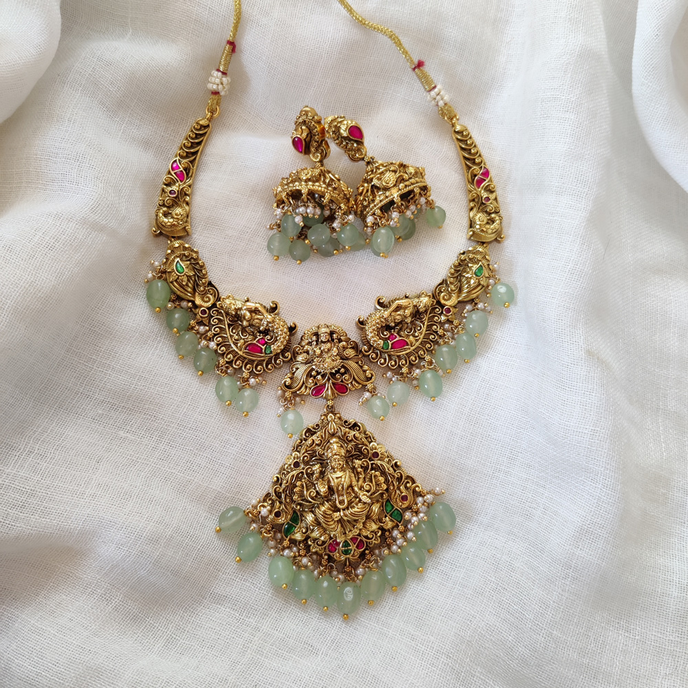 Antique Gold Peacock Nakshi Kundan Necklace With Apple Green Drops