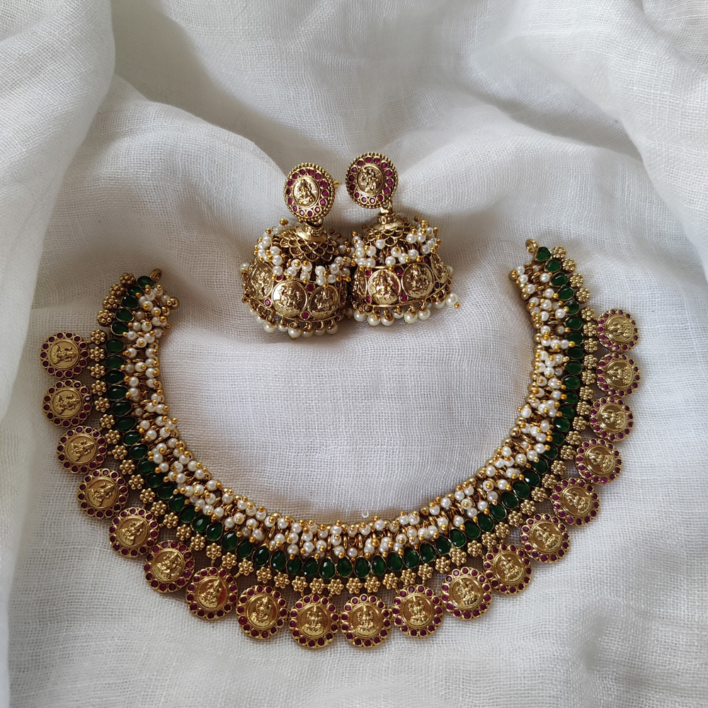 Gold Finish Green Stones Lakshmi Coin Necklace Set